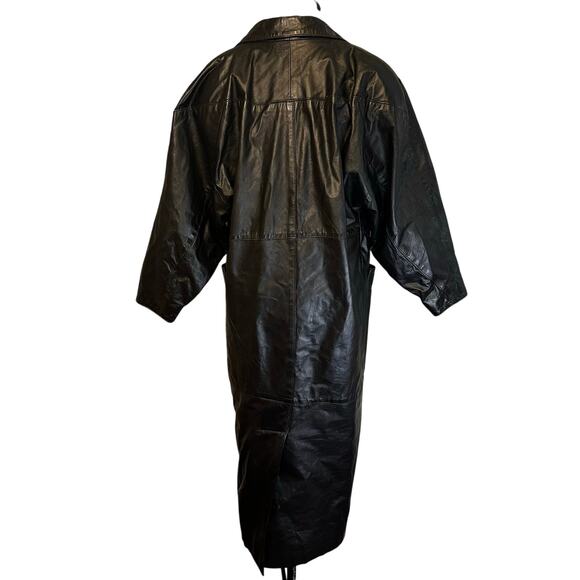 Vintage Hide Out Genuine Leather Trench Coat Black Longline 80s Oversized Small - Picture 4 of 9